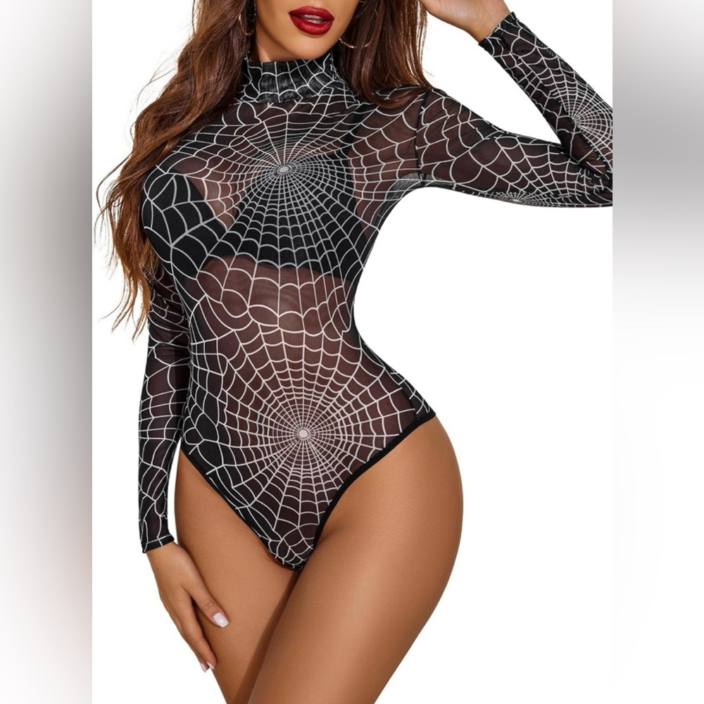 Avidlove Large Sheer Mesh Spiderweb Design Bodysuit Black- NWT